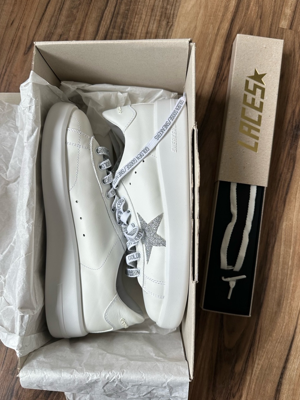 Golden Goose White Leather Sneakers with Silver Crystal Star Accent - Picture 10 of 14